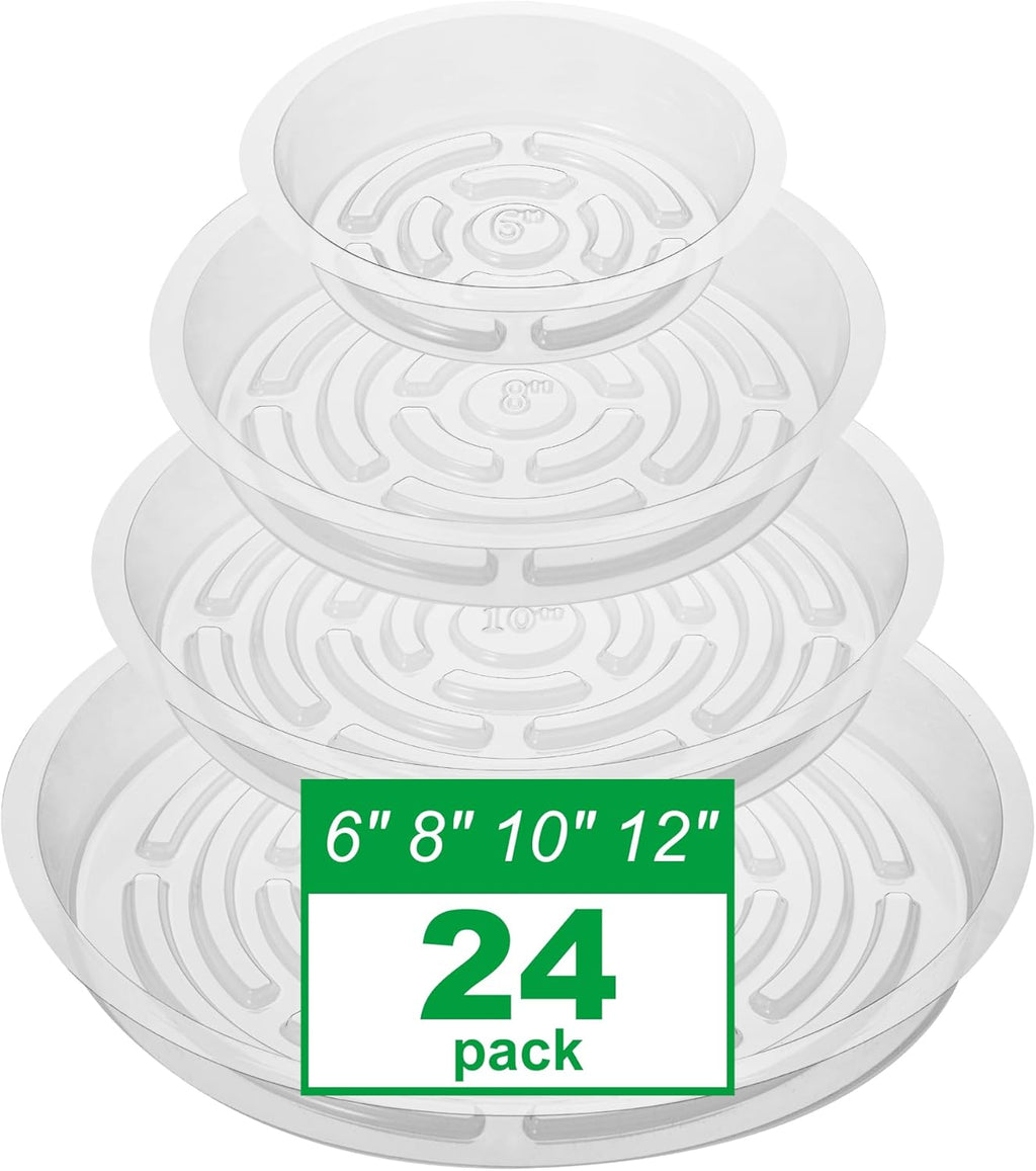 CATIFLIN 24 Pack Clear Plant Saucers - 6, 8, 10, 12 Inch Plastic Plant Trays for Pots, Flower Pot Saucers, Indoor & Outdoor Planter Drip Tray for Water Drainage & Protection