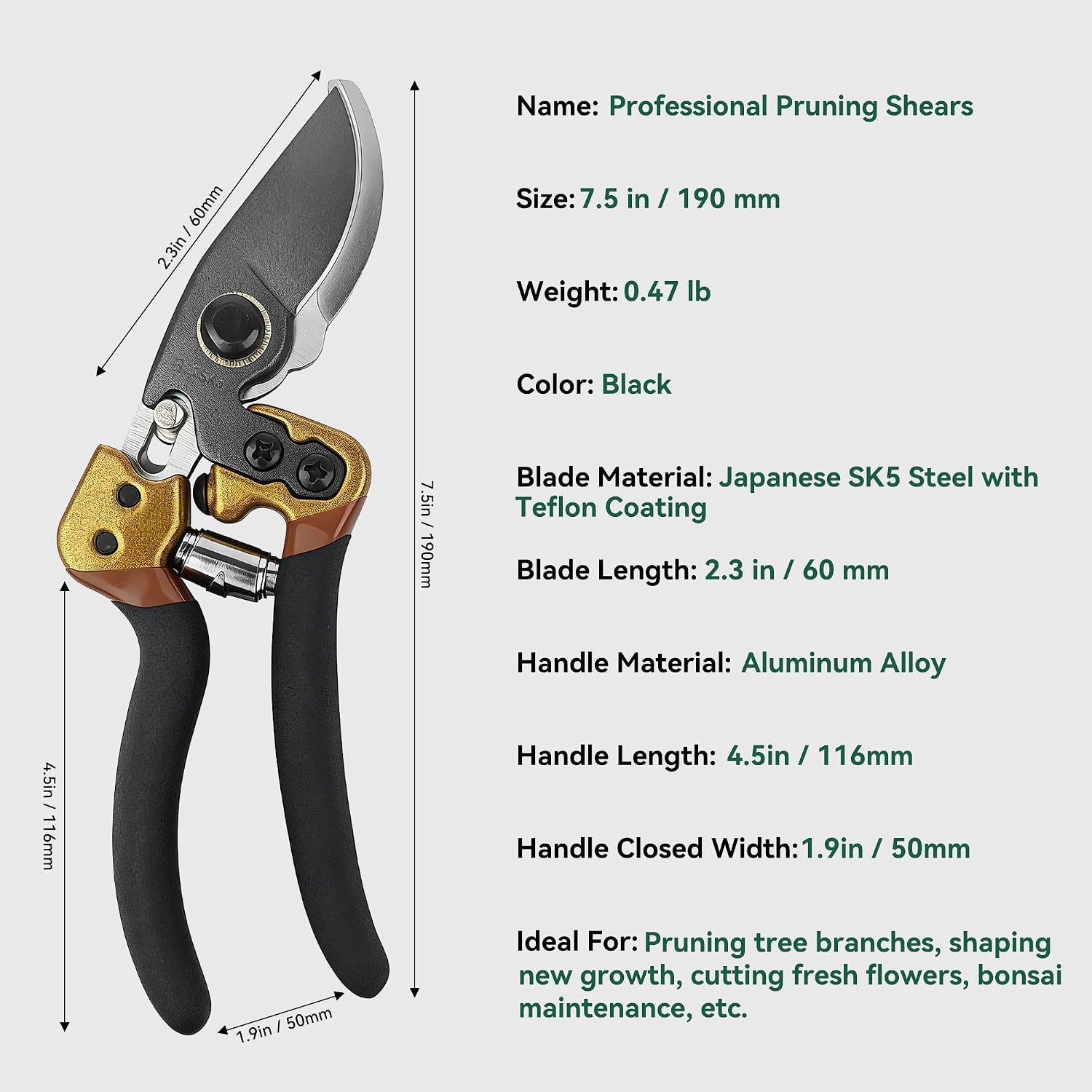 Professional Pruning Shears, Bypass Pruners | Japanese SK5 Steel Blades, Heavy Duty Garden Clippers for Branch Cutting, Bonsai, and Gardening