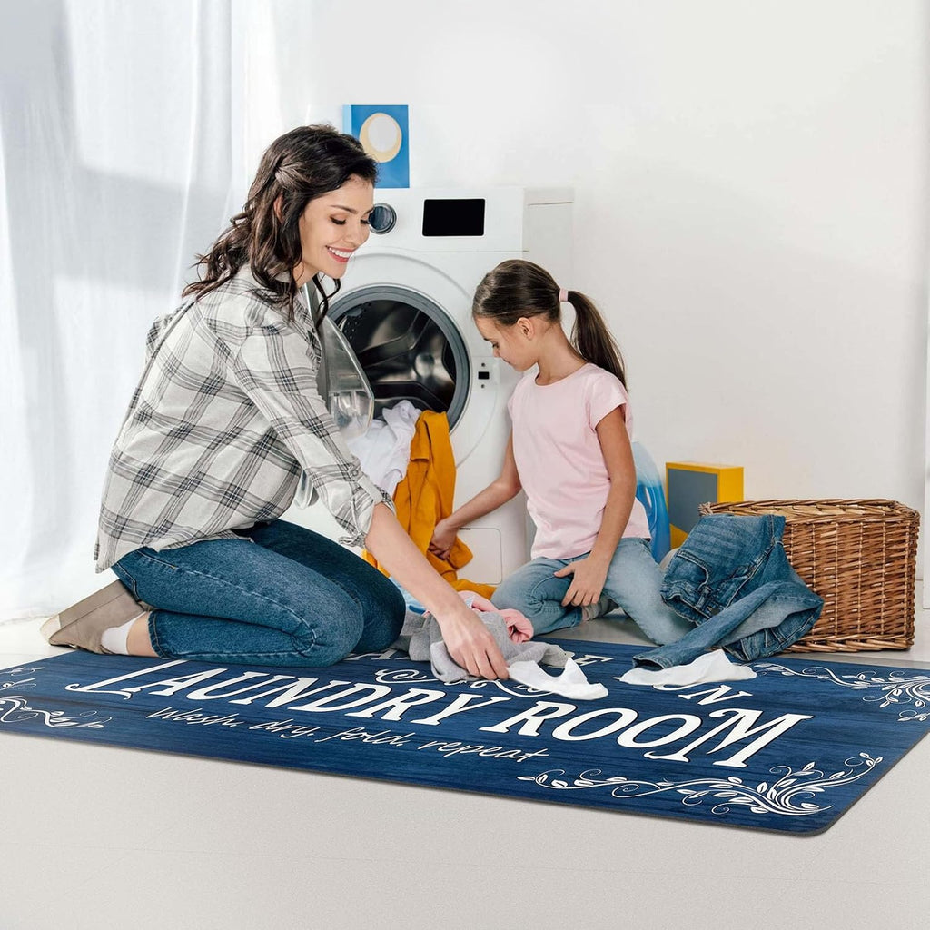 Lansny 20''x48'' Laundry Room Rug Non Slip Waterproof Laundry Mat | Navy Blue;Laundry Room Runner Rug;Farmhouse Laundry rug for Bathroom Washroom Mudroom Floor Decor;4ft Runner Rug Non Skid