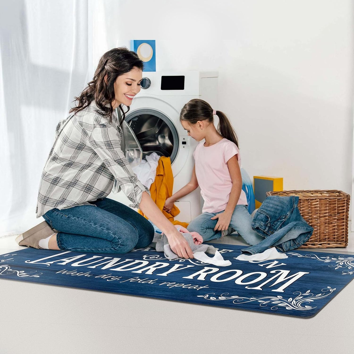 Lansny 20''x48'' Laundry Room Rug Non Slip Waterproof Laundry Mat | Navy Blue;Laundry Room Runner Rug;Farmhouse Laundry rug for Bathroom Washroom Mudroom Floor Decor;4ft Runner Rug Non Skid