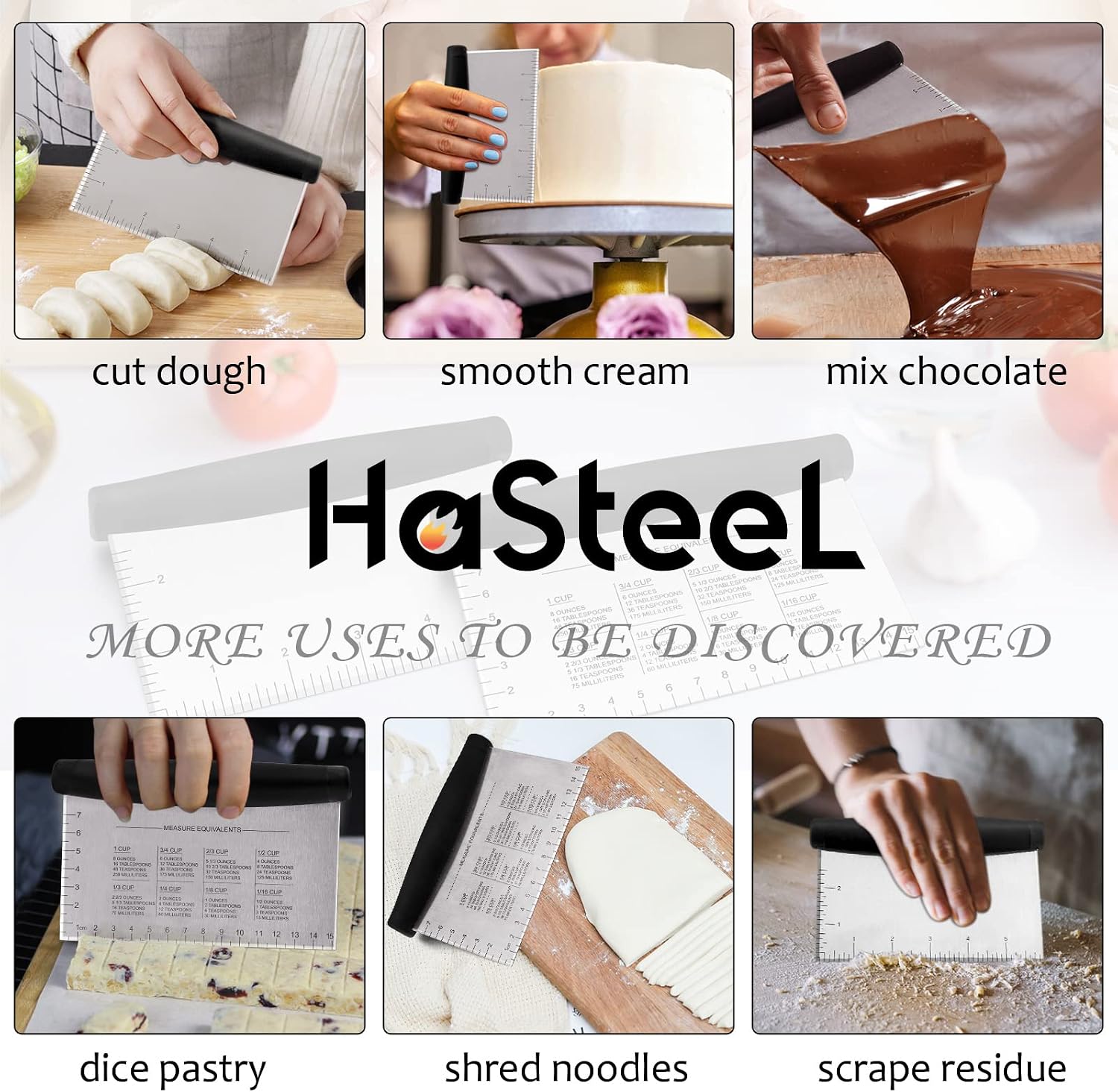 Metal Griddle Scraper Chopper, HaSteeL Stainless Steel Dough Bench Scraper Pastry Cutter with Measuring Marks, Multi-purpose Kitchen Tool for Flat Top Grilling/Baking/Cooking, Dishwasher Safe (2-Pack)