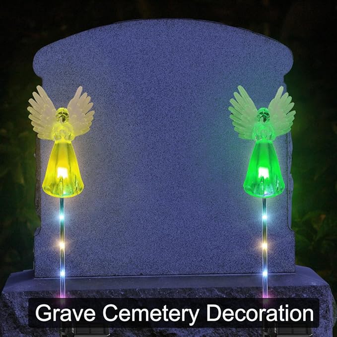 2 Pack Solar Angel Lights Outdoor Decor, Decorative Color Changing Waterproof LED Angel Stake Lights for Cemetery Grave Garden Patio Yard Art Lawn Decoration, Grave Markers, Memorial Gifts