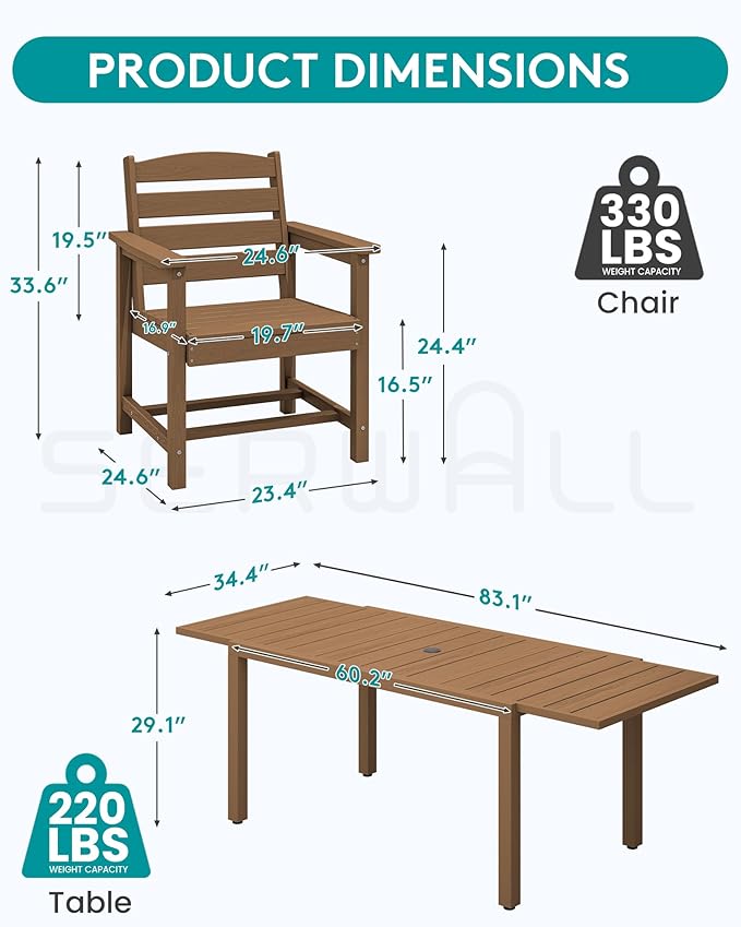 SERWALL 7-Piece Patio Dining Sets, 60" - 83" Expandable Outdoor Dining Table and 6 HDPE Chairs, All Weather HDPE Outdoor Furniture Set for Backyard, Garden, Brown