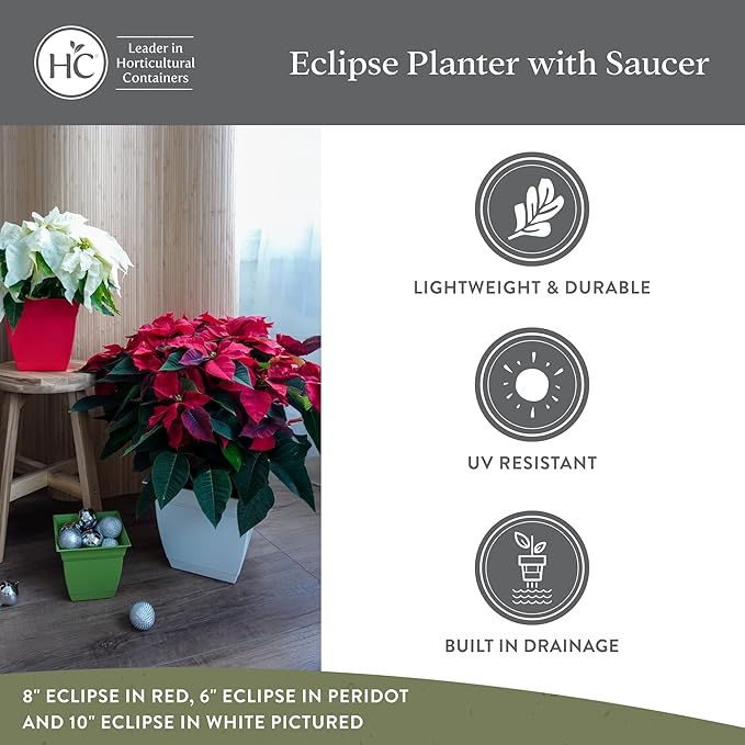The HC Companies 12 Inch Eclipse Square Planter Pots with Drainage Holes & Attached Saucer, Lightweight UV-Resistant Plastic Indoor Outdoor Planters, 2-Pack Flower Pots for Garden & Home Decor, White