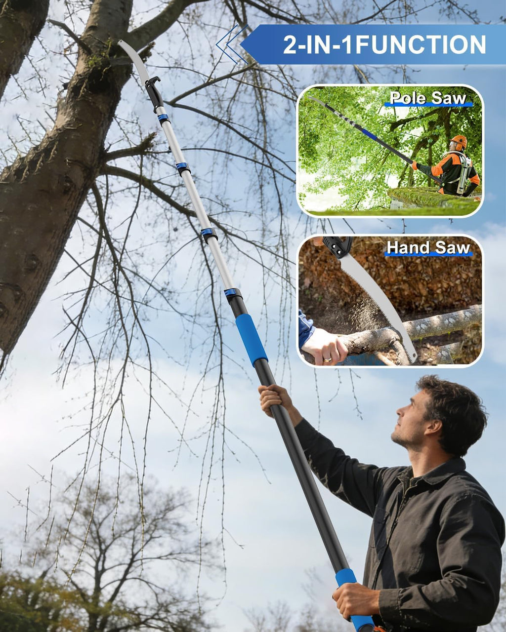 18FT Reach Manual Pole Saws for Tree Trimming with 3-12FT Telescoping Extension Pole, Anti-slip Handle, Manual Pruning Pole Saw with 19" 3X Detachable Saw for Forestry, Yard, Garden, Patios