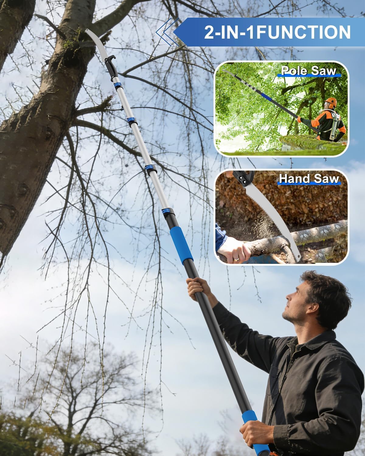 18FT Reach Manual Pole Saws for Tree Trimming with 3-12FT Telescoping Extension Pole, Anti-slip Handle, Manual Pruning Pole Saw with 19" 3X Detachable Saw for Forestry, Yard, Garden, Patios