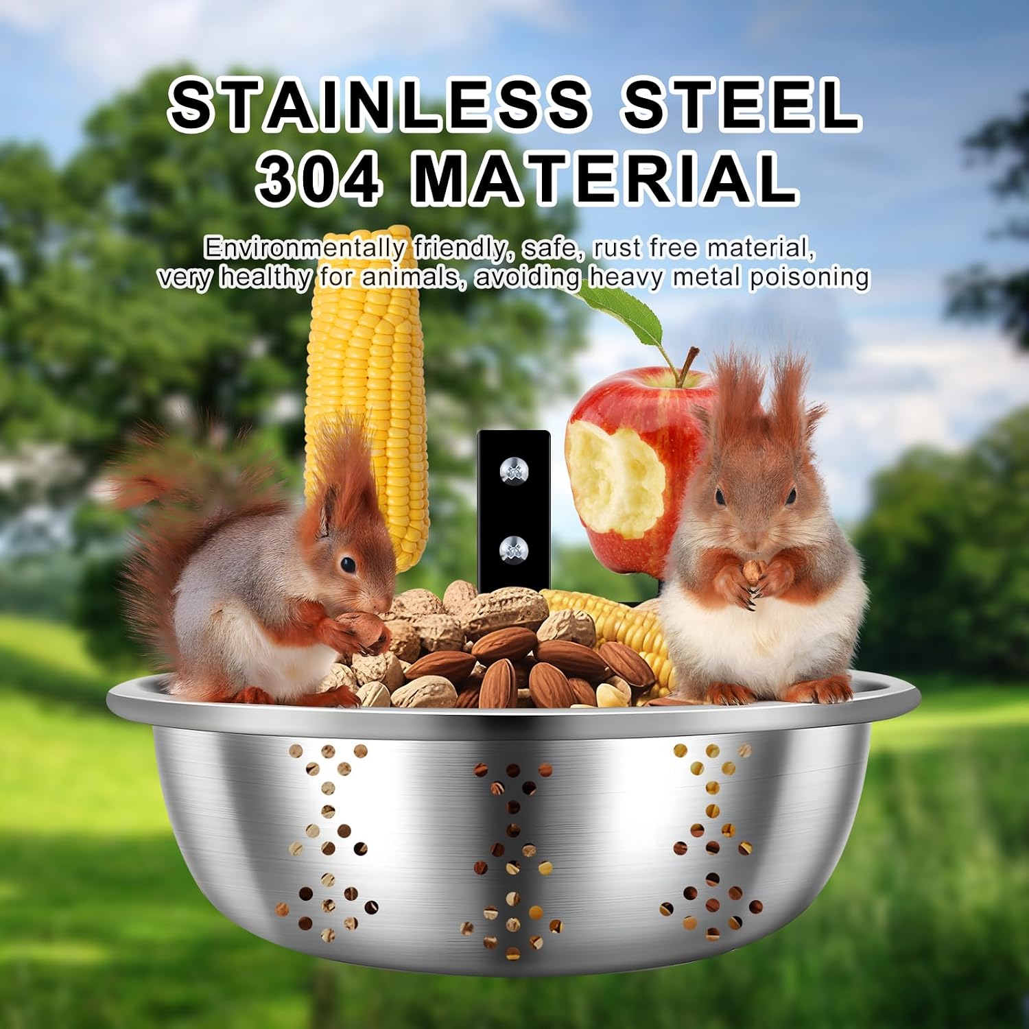Metal Squirrel Feeders for Outside with Hanging Feeder, Durable Bowl Tree Mounted of Chipmunk Feeder, Squirrel House for Outdoor, Squirrel Food for Backyard, Corn Cob, Peanuts (8.5Inch 2-Rod)