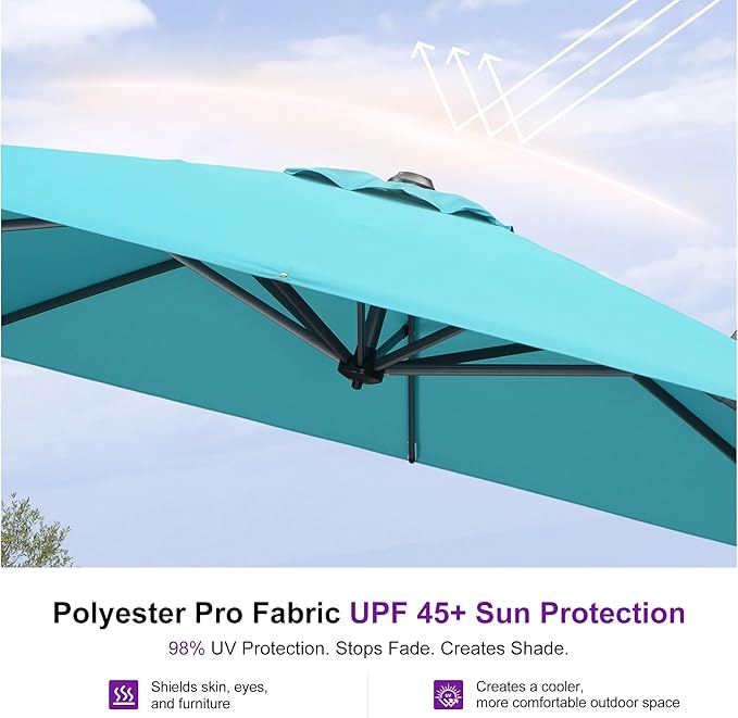 PURPLE LEAF 9'×9' Patio Umbrella with Base Outdoor Cantilever Umbrella with Cover Aluminum Square Offset Umbrella with 360-degree Rotation for Deck Pool Garden Turquoise Blue