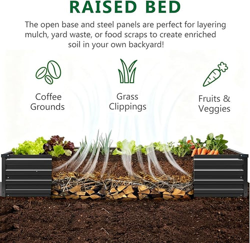 2 Pack 6x3x1FT Galvanized Raised Garden Bed Kit, Outdoor Metal Planter Box for Vegetables, Bottomless Rectangular Gardening Bed with Support Rods, Tool-Free Assembly, Black