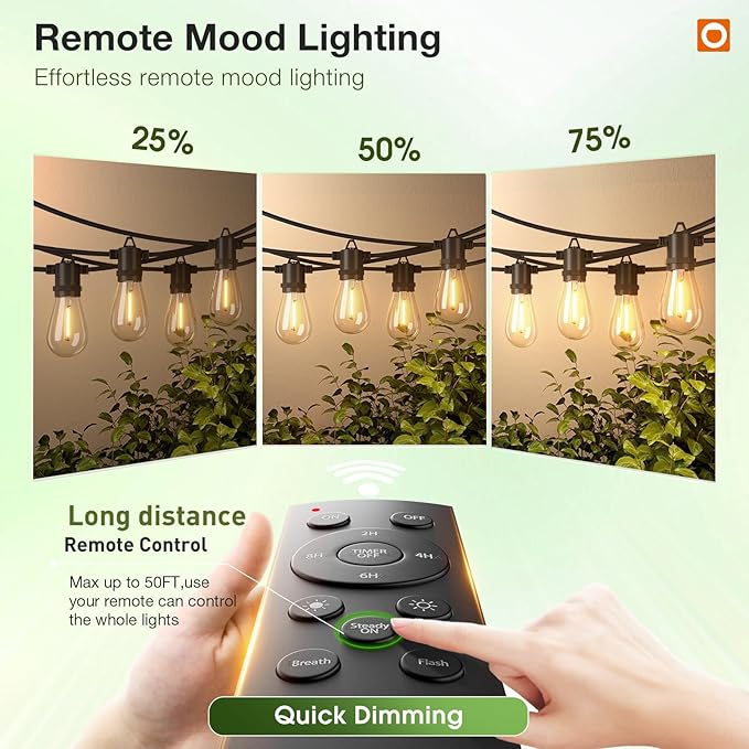 addlon 50FT LED Outdoor String Lights, Remote Dimmable Patio Lights with Timer & 3 Lighting Modes, 16 Shatterproof Edison Bulbs, Waterproof Connectable String Lights for Outside Backyard Party Décor