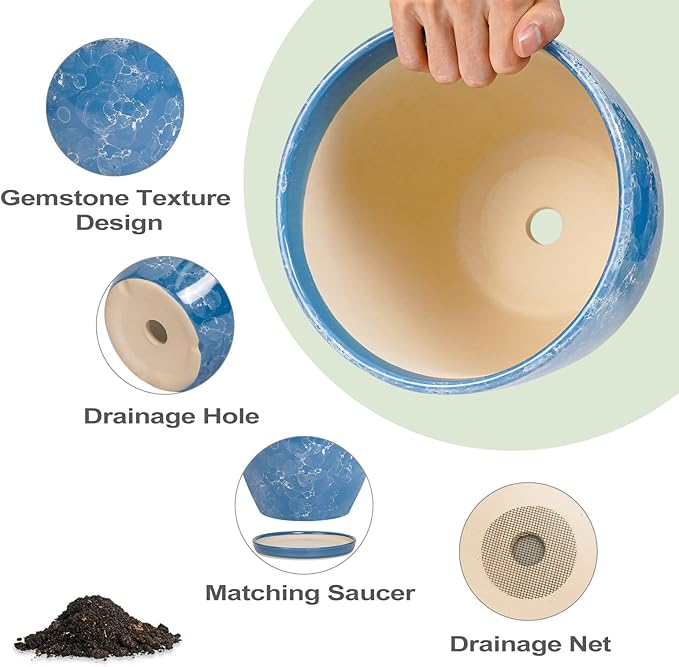 Ceramic Flower Pot - 10 Inch Planter with Drainage Hole and Saucer, Modern Large Planters, Decorative Plant Pot for Indoor Ourdoor, Room Home Garden Porch Decor, Plant Lover Gifts, Blue