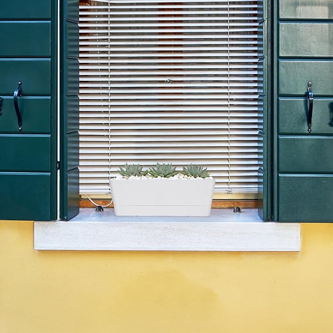 GREANER 16x3.8 Inch Window Boxes Planters, 1PCS White Vegetable Herb Planters with Tray, Indoor Succulent Cactus Flowers Plastic Rectangle Pot for Balcony, Office, Garden, Outdoor, Windowsill