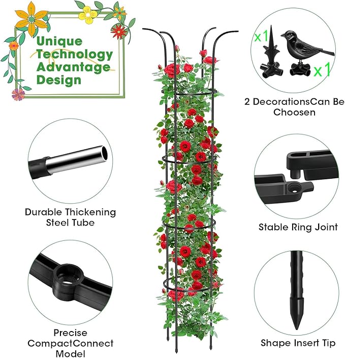 Tower Obelisk Garden Trellis for Climbing Plant，6.2FT/74.4" Rustproof Metal Potted Plant Climbing Support for Indoor Outdoor Flowers Vegetable Fruits Vines Support (2Pcs)
