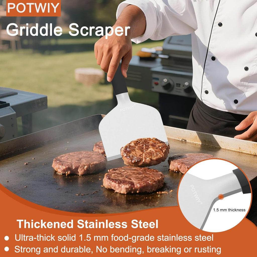 Heavy Duty Griddle Scraper, 5.3" Wide, 1.5mm Thick Stainless Steel | Full Tang, Heat-Resistant Silicone Handle, Scraper Tool for Flat Top Grill & Griddle Cleaning Accessories, Dishwasher Safe