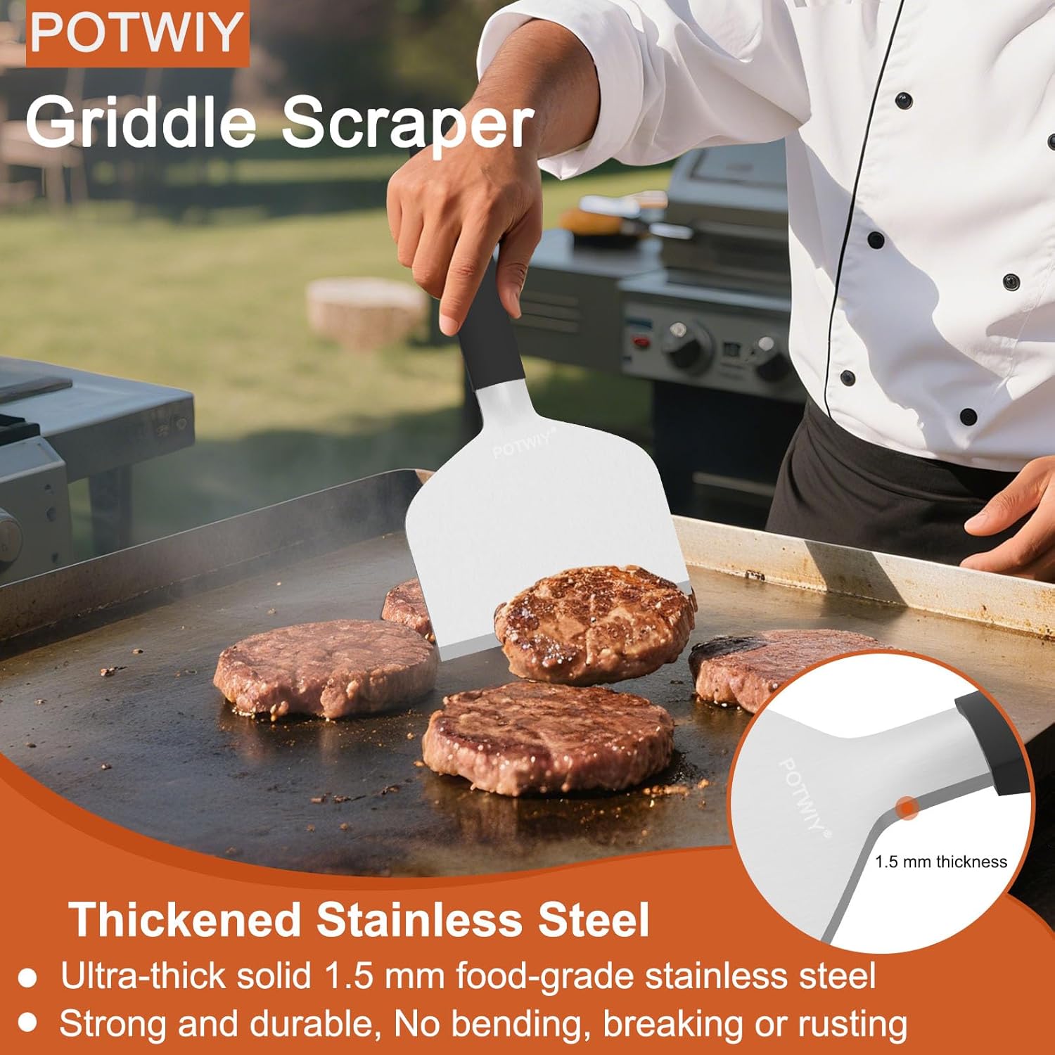 Heavy Duty Griddle Scraper, 5.3" Wide, 1.5mm Thick Stainless Steel | Full Tang, Heat-Resistant Silicone Handle, Scraper Tool for Flat Top Grill & Griddle Cleaning Accessories, Dishwasher Safe