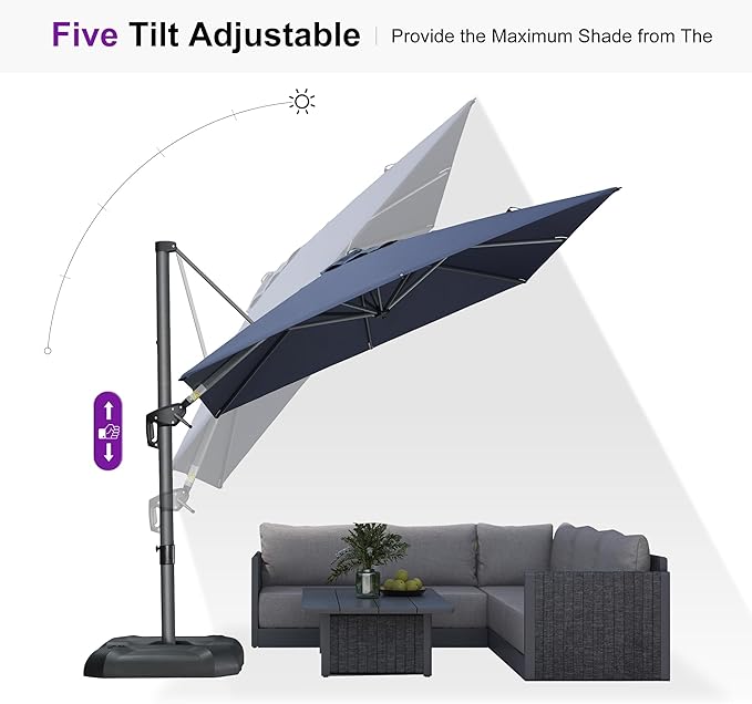 PURPLE LEAF 8'×8' Patio Cantilever Umbrella with Base Included Offset Outdoor Umbrella with cover Square umbrella outdoor patios for Backyard Pool Garden Navy Blue
