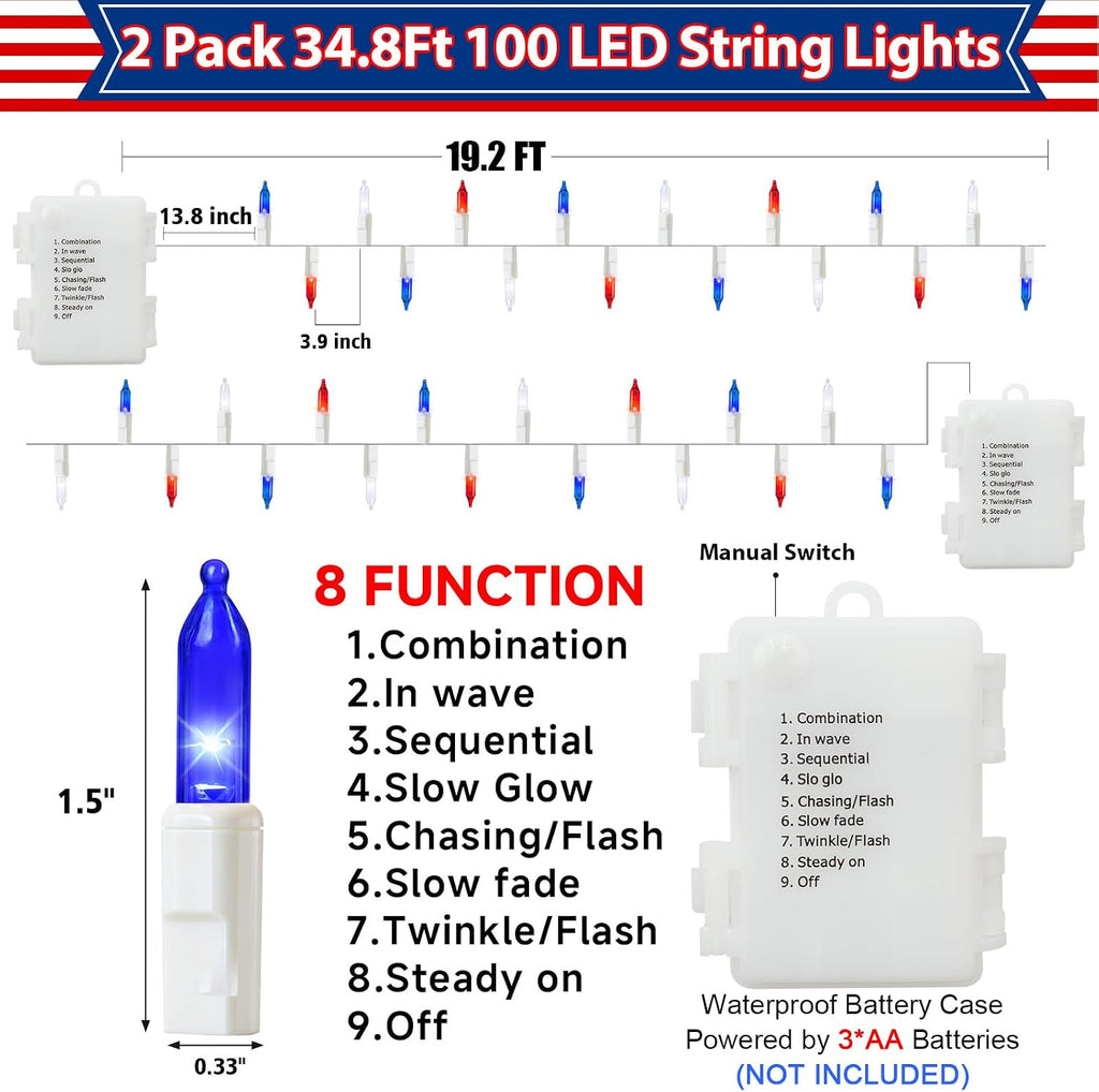 2 Pack 100 LED 38.4FT Red White and Blue Lights Battery Operated, 8 Modes with Timer, Patriotic Indoor/Outdoor Party Decor for Memorial Day & Independence Day 4th of July Decor