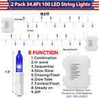 2 Pack 100 LED 38.4FT Red White and Blue Lights Battery Operated, 8 Modes with Timer, Patriotic Indoor/Outdoor Party Decor for Memorial Day & Independence Day 4th of July Decor