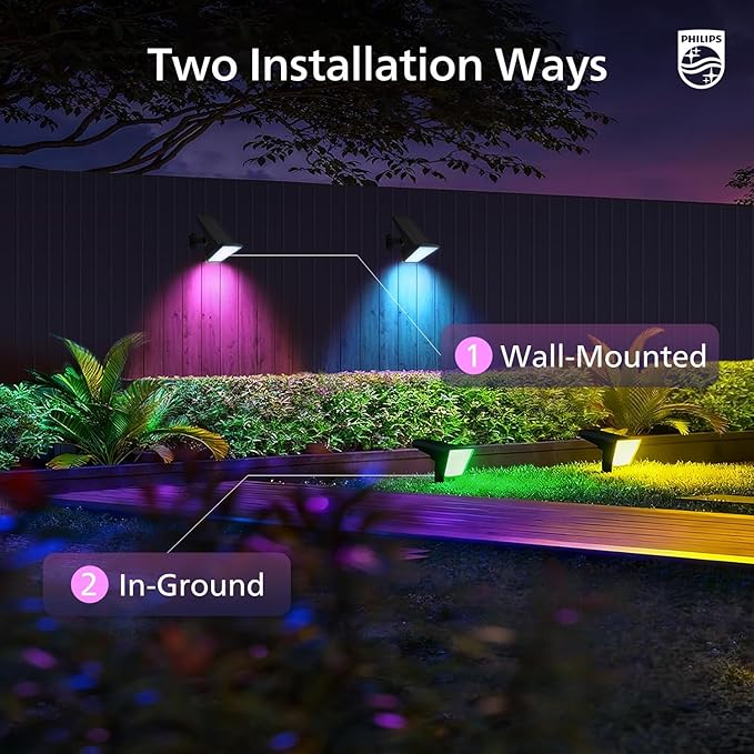 Philips 4 Packs Solar RGBW Spot Lights Outdoor, 18 LED Solar Powered Landscape Lights, 9 Lighting Modes Color-Changing Dusk to Dawn Waterproof Pathway Spotlights for Garden Trees Halloween Christmas