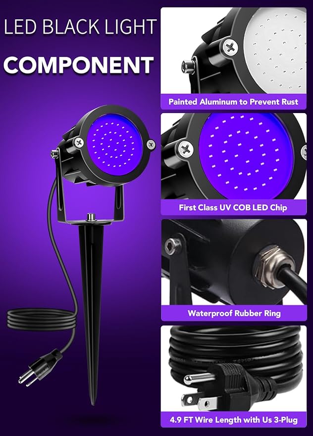 Elenora Halloween Spotlights Outdoor, 15W LED Black Light/Blacklight for Glow Party Body Paint Fluorescent Poster, 110V Plug-in Spot Light IP65 Waterproof Landscape Lighting for Yard Garden, 1 Pack
