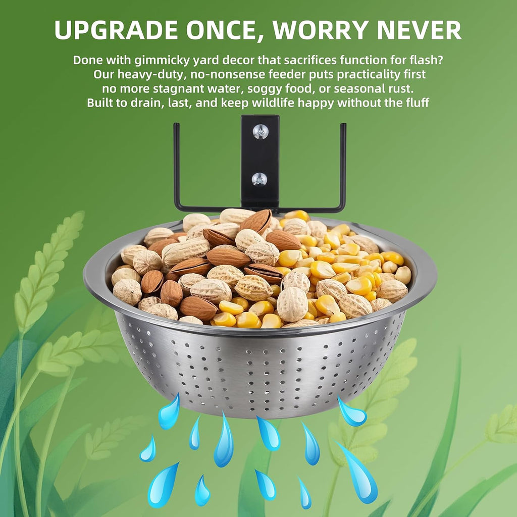 2 Pack Squirrel Feeders, 4 Colander Bowls (Each 8.5"/1.4L) for Replacement, Dual Corn Cob Spikes for Multi-Food, Metal Squirrel Feeders for Outside Tree Fence, Removable Bowl Easy Clean/Refill