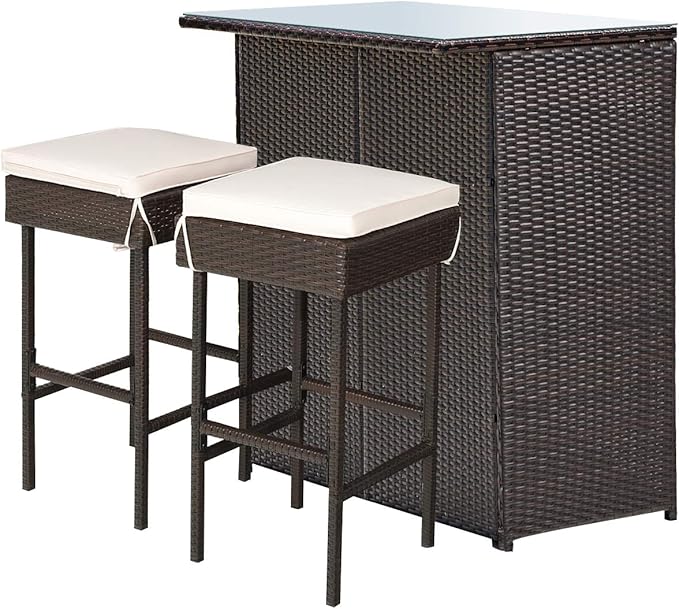 Tangkula Patio Bar Set, 3 Piece Outdoor Rattan Wicker Bar Set with 2 Cushions Stools & Glass Top Table, Outdoor Furniture Set for Patios Backyards Porches Gardens Poolside (Beige)