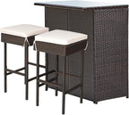 Tangkula Patio Bar Set, 3 Piece Outdoor Rattan Wicker Bar Set with 2 Cushions Stools & Glass Top Table, Outdoor Furniture Set for Patios Backyards Porches Gardens Poolside (Beige)