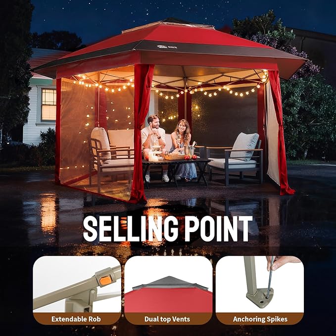 CROWN SHADES 12x12 Pop Up Gazebo with Mosquito Nettings, Patented Center Lock 6-Sided Portable Gazebo, 300D Silver-Coated Fabric UV Resistant, Pop Up Canopy Tent for Patio, Party, Red&Grey