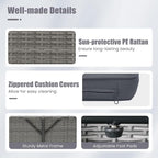 LDAILY Moccha Outdoor Daybed, Wicker Loveseat Sofa Set with 4-Postion Adjustable Backrest, Storage Ottoman, Cushions, Rattan Double Bed Lounger, Patio Furniture Set (Mixed Gray+Gray)