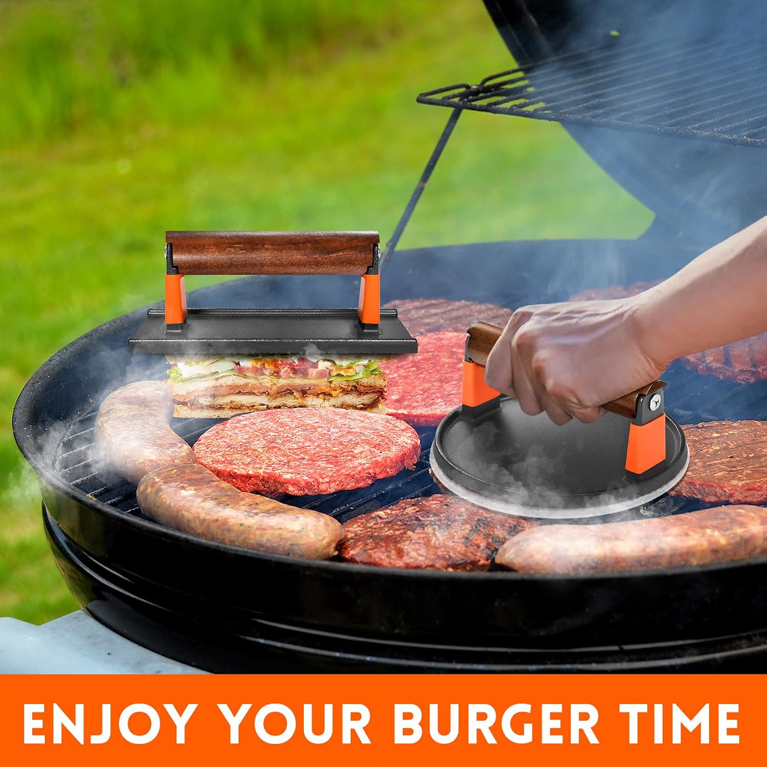 GGC Cast Iron Burger Press Kit, 7" Round and 8"x4" Rectangle Smash Burger Press Set for Grill and Griddle Cooking, 2PCS Meat Press with Wooden Handle for Bacon, Hamburgers, Eggs, Sandwiches
