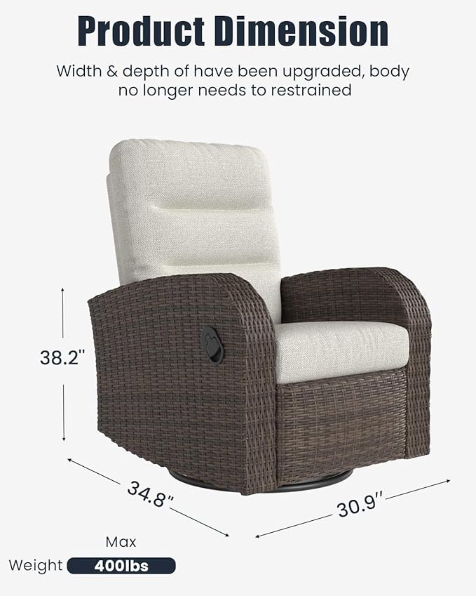 Outdoor Swivel Recliner Chair Set of 2, All-Weather Wicker Reclining Patio Chair with Adjustable Backrest and Footrest