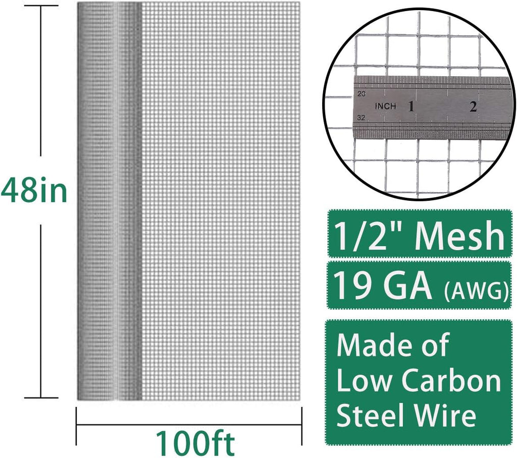 Hardware Cloth 1/2 inch Chicken Wire Fencing 48 x 100 Ft 19-Gauge | Hot-dip Galvanized After Welding, Gopher Wire, Wire Mesh Roll, Wire Cloth, and Long-Lasting Wire Fencing Use