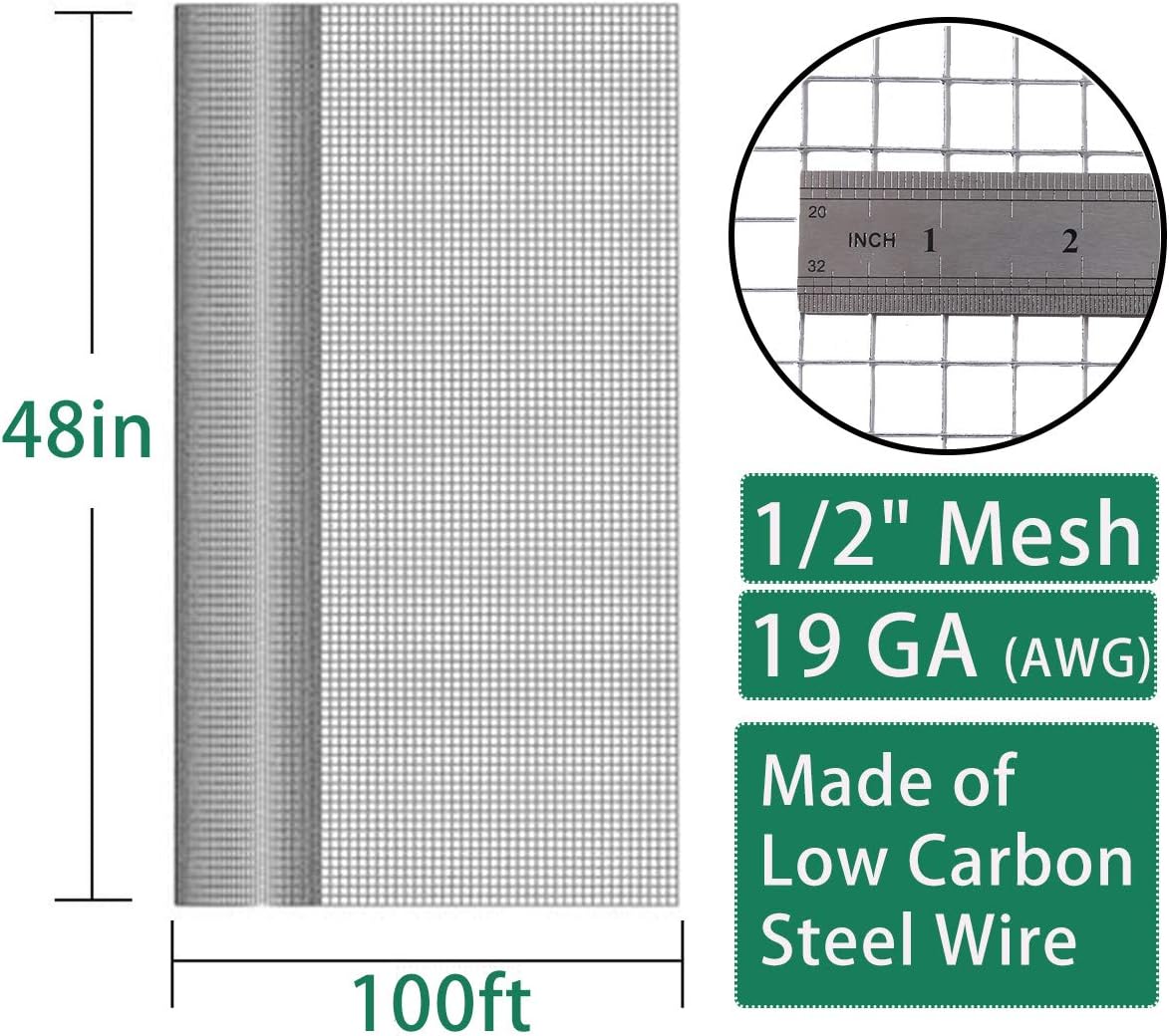 Hardware Cloth 1/2 inch Chicken Wire Fencing 48 x 100 Ft 19-Gauge | Hot-dip Galvanized After Welding, Gopher Wire, Wire Mesh Roll, Wire Cloth, and Long-Lasting Wire Fencing Use