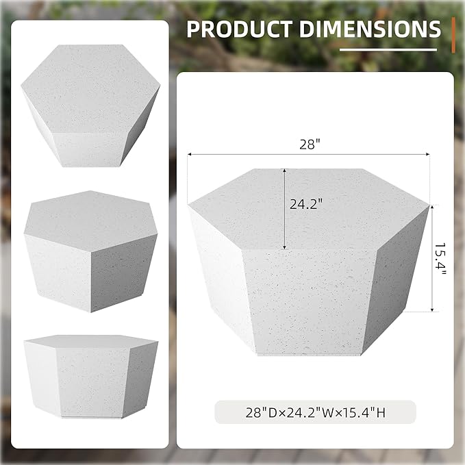 UPHA Outdoor Hexagon Coffee Table, Small Modern Minimalist Accent Tables, Low Light Concrete Center Table for Living Room, Outside Patio, Deck, 28×24.2×15.4, Off-White