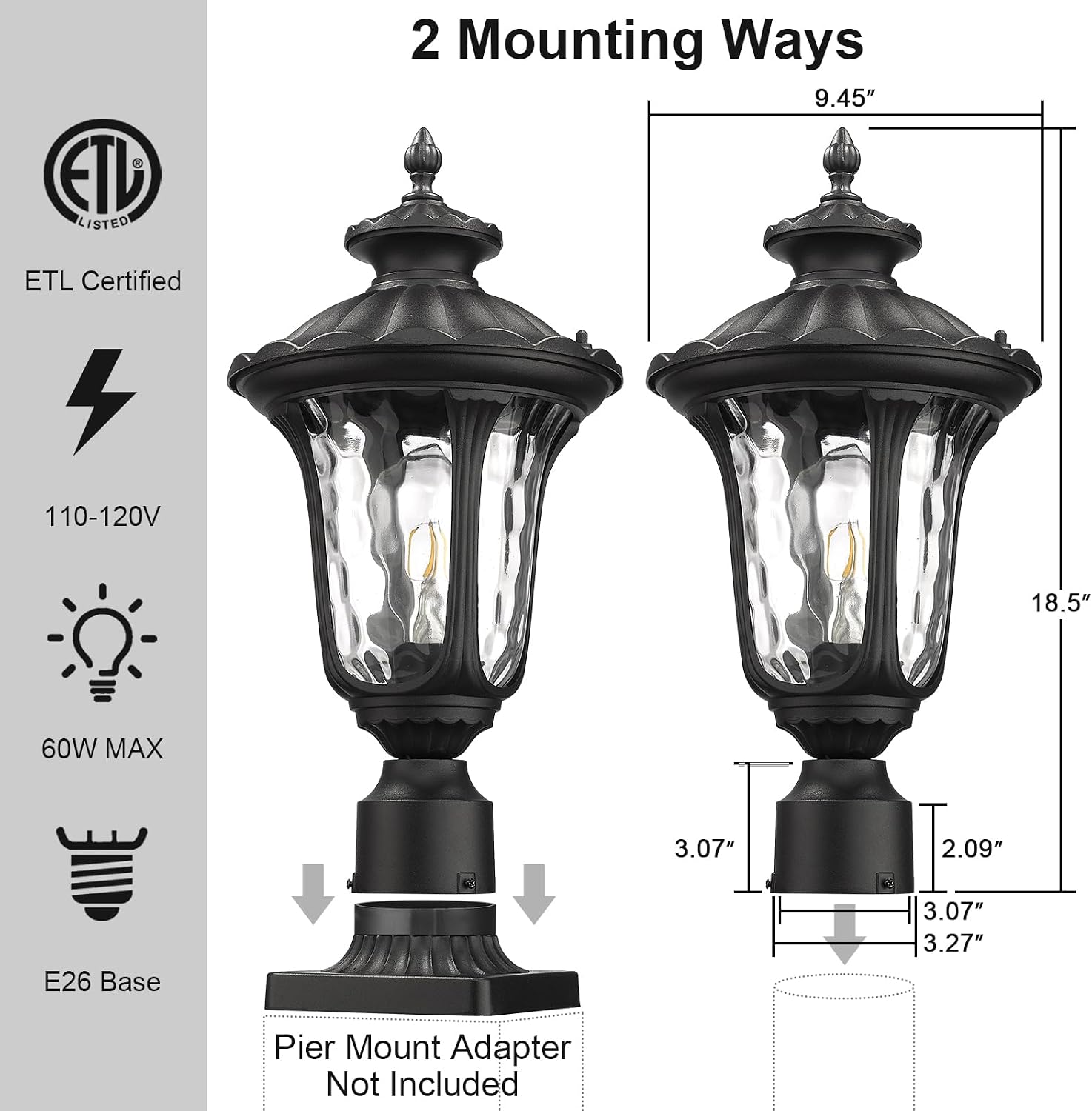 Outdoor Post Lights Fixtures, 18'' Medium Black Aluminum Waterproof and Anti-Rust Pole Lantern Lighting Fixture for Walkway, Patio, Porch