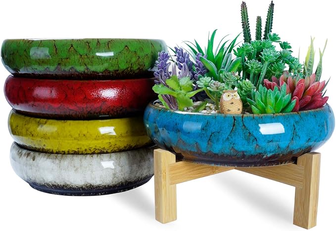 Large Succulent Pots with Drainage & Stand, 10 inch Ceramic Succulent Planter for indoor Plants plus Decorative Rock Stone Pebbles 2.2lb & Garden Tools Set, Perfect for Bonsai, Cactus Beginner