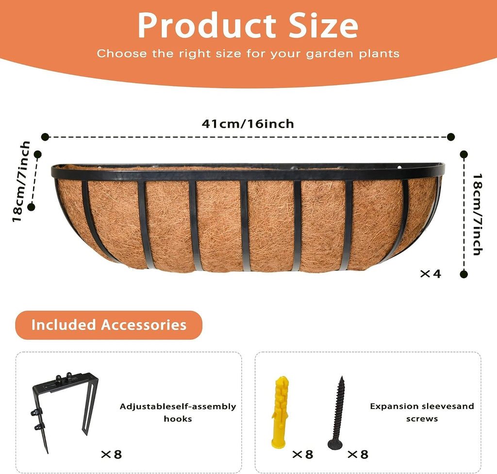 16" railing planter window box with coco fiber showing dimensions