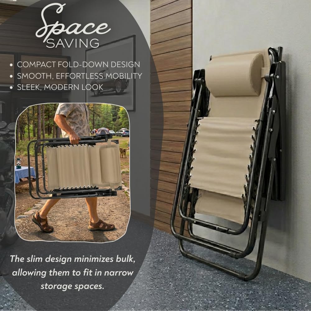 2-Pack Adjustable Zero Gravity Lounge Chair with Steel Mesh Fabric: Reclining Lawn Chair Featuring Comfort Pillow, Cup Holder Tray, and Customizable Recline Positions