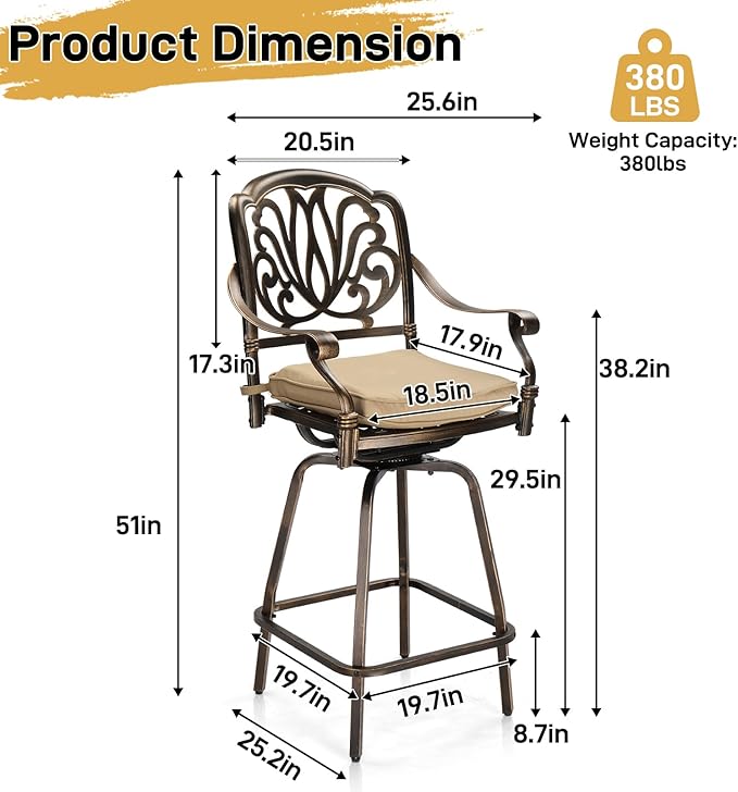 VINGLI 3 Piece Outdoor Bar Set, Cast Aluminum Outdoor Swivel Bar Stools and Table w/Umberlla Hole, All-Weather Outdoor Bar Table and Chairs Set w/Cushions for Patio Balcony(Elizabethan Back)