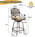 VINGLI 3 Piece Outdoor Bar Set, Cast Aluminum Outdoor Swivel Bar Stools and Table w/Umberlla Hole, All-Weather Outdoor Bar Table and Chairs Set w/Cushions for Patio Balcony(Elizabethan Back)