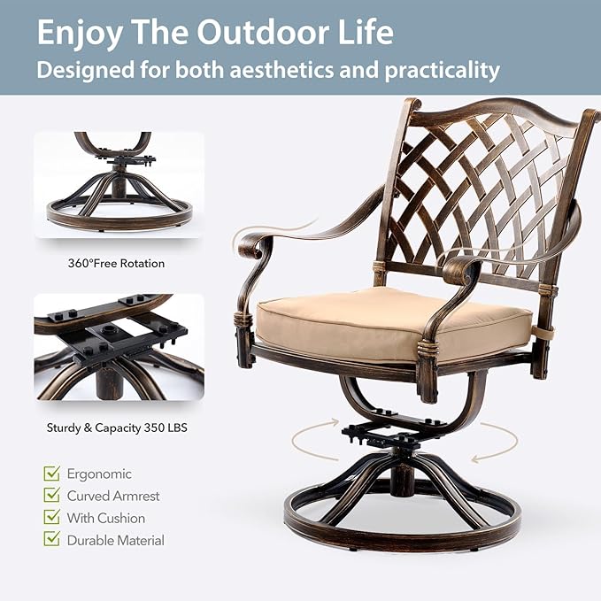 7-Piece Cast Aluminum Patio Furniture, Patio Dining Set for 6 Include 54" Round Outdoor Dining Table and 6 Swivel Chairs with Cushions & Umbrella Hole (Bronze)
