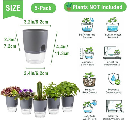 3.2 Inch Self Watering Planters Plastic Planter Pots 5 Pack Wicking Flower Pots Modern Decorative Planter for Small African Violets House Plants,Herbs,Indoor Outdoor Plant (Grey)