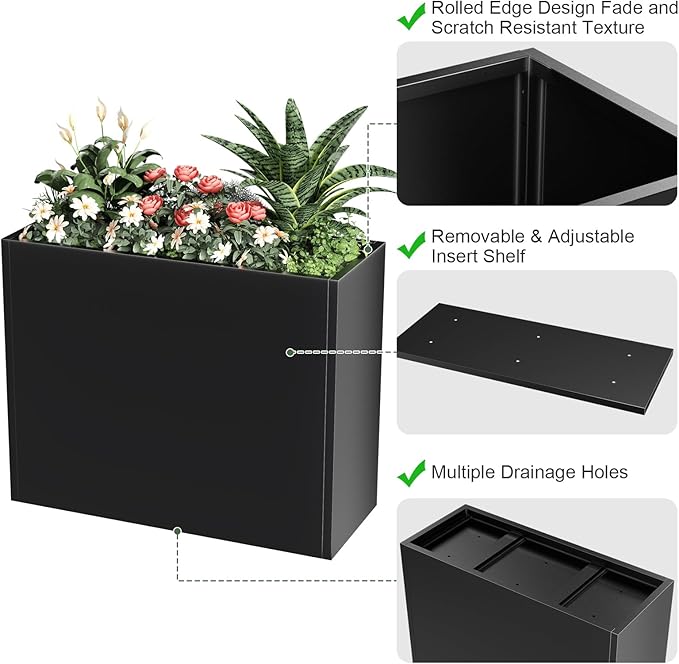Metal Large Planter Box 36" L x 12" W x 26" H, Heavy Duty Tall Rectangle Outdoor Planter Box with Removable Insert Shelves for Porch, Garden, Patio, Yard (Black)