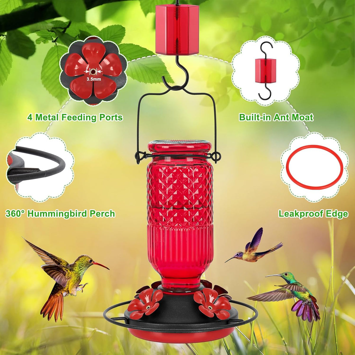 feed garden glass hummingbird feeder for outdoors, leak-resistant, side view