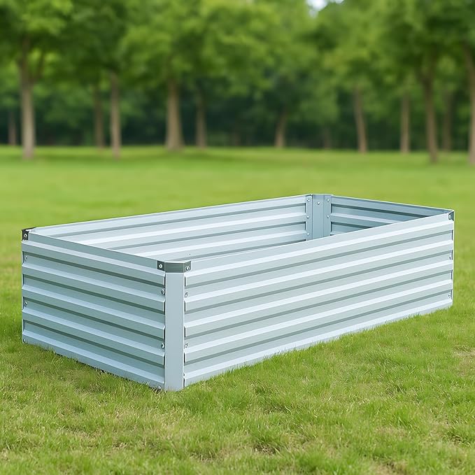 2 Pack 4x2x1FT Galvanized Raised Garden Bed Kit, Outdoor Metal Planter Box for Vegetables, Bottomless Rectangular Gardening Bed with Support Rods, Tool-Free Assembly, Silver