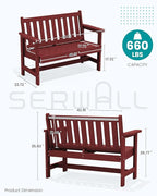 SERWALL Outdoor Bench, HDPE Outdoor Benches Weatherproof, 2-Person Garden Bench with 660 lbs Weight Capacity, Patio Benches for Outdoors, Garden, Porch, Backyard and Park, Red, 2 Pack