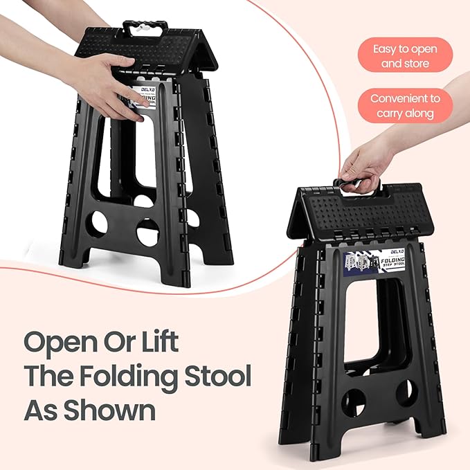 Delxo Folding Step Stool 17.5 Inch Non-Slip Foldable Stools for Kids & Adults Up to 300 LBS Kitchen Collapsible Fold Up Stepping Stool with Dotted 1 Pack Black