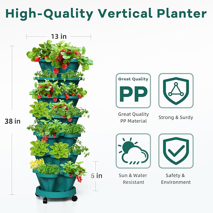 Strawberry Vertical Planters Tower Garden 3 Pack, 7 Tiered Stacking Herb Vegetable Planter with Support Pole Indoor and Outdoor - Hunter Green