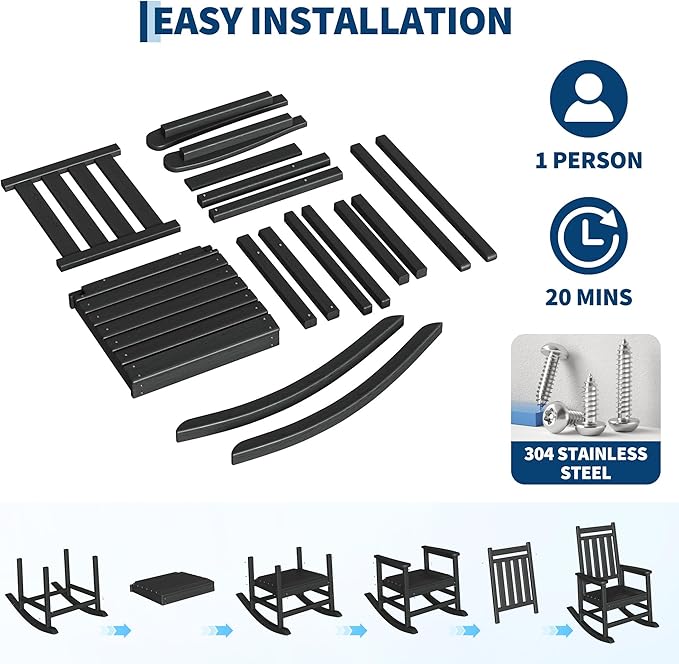 HDPE Rocking Chair Outdoor Set of 4 with 2 Side Table - Poly High Back Porch Rocker Chairs for Adults - All Weather Resistant Furniture for Patio Front Porch - Black