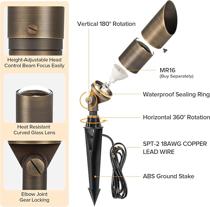 LUTEC Solid Brass Low Voltage Landscape Lighting, 12V Heavy Duty Waterproof Landscape Spotlights, Adjustable Bronze Uplights Outdoor Fixtures for Garden Yard Pathway Tree Without Bulb, 6 Pack
